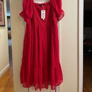 MEROKEETY Women's Square Neck Puff Sleeve Boho Midi Dress Swiss Dot Ruffle Flowy